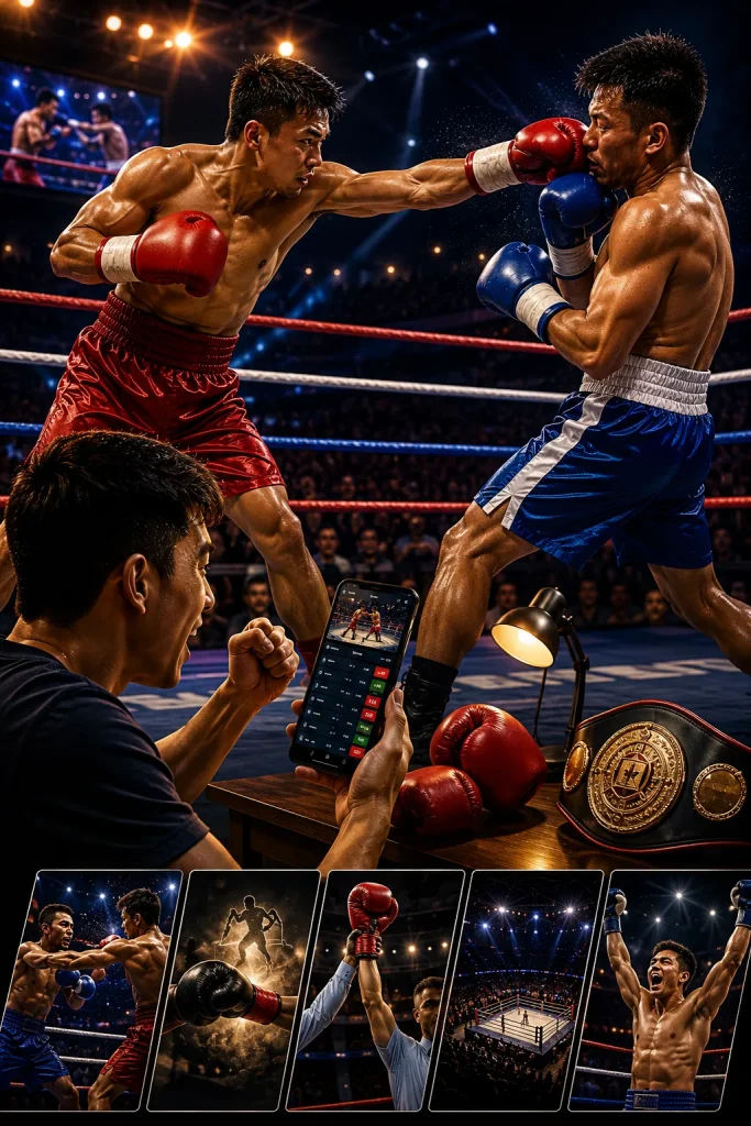 Boxing match excitement lights and action